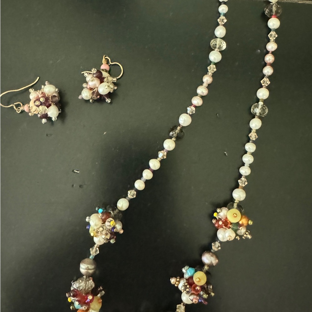Elegant Multicolor Beaded and pearl crocheted Necklace and Earring Set